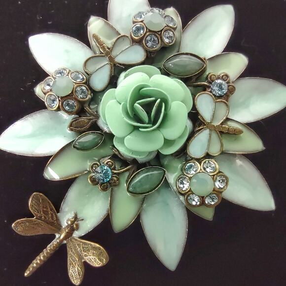 Floral & Dragonfly Brooch Enamel Encrusted Rhinestones Green Blue Flower Bee Pin - Picture 5 of 11